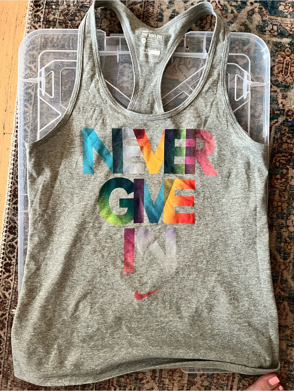 Nike Gray Racerback Tank Top with Multicolor 'Never Give In' Graphic